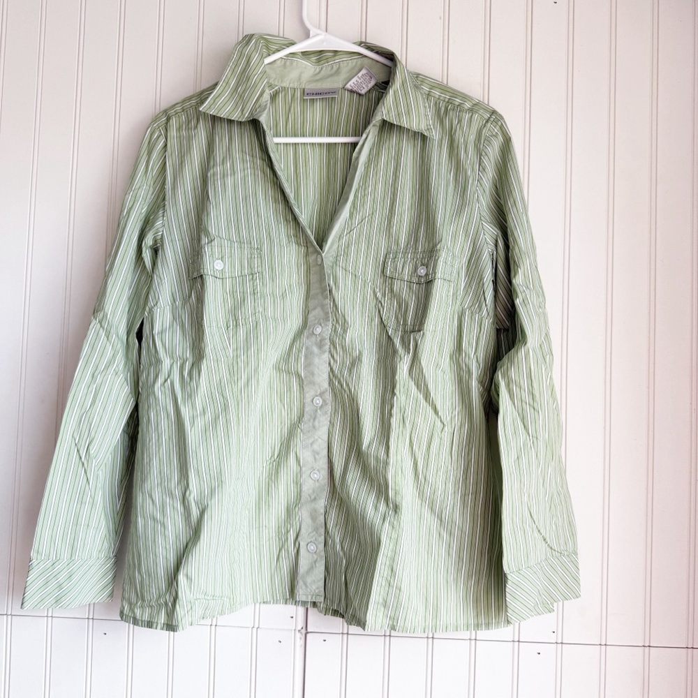 Chico’s Size L Green Striped Button Down Shirt Blouse